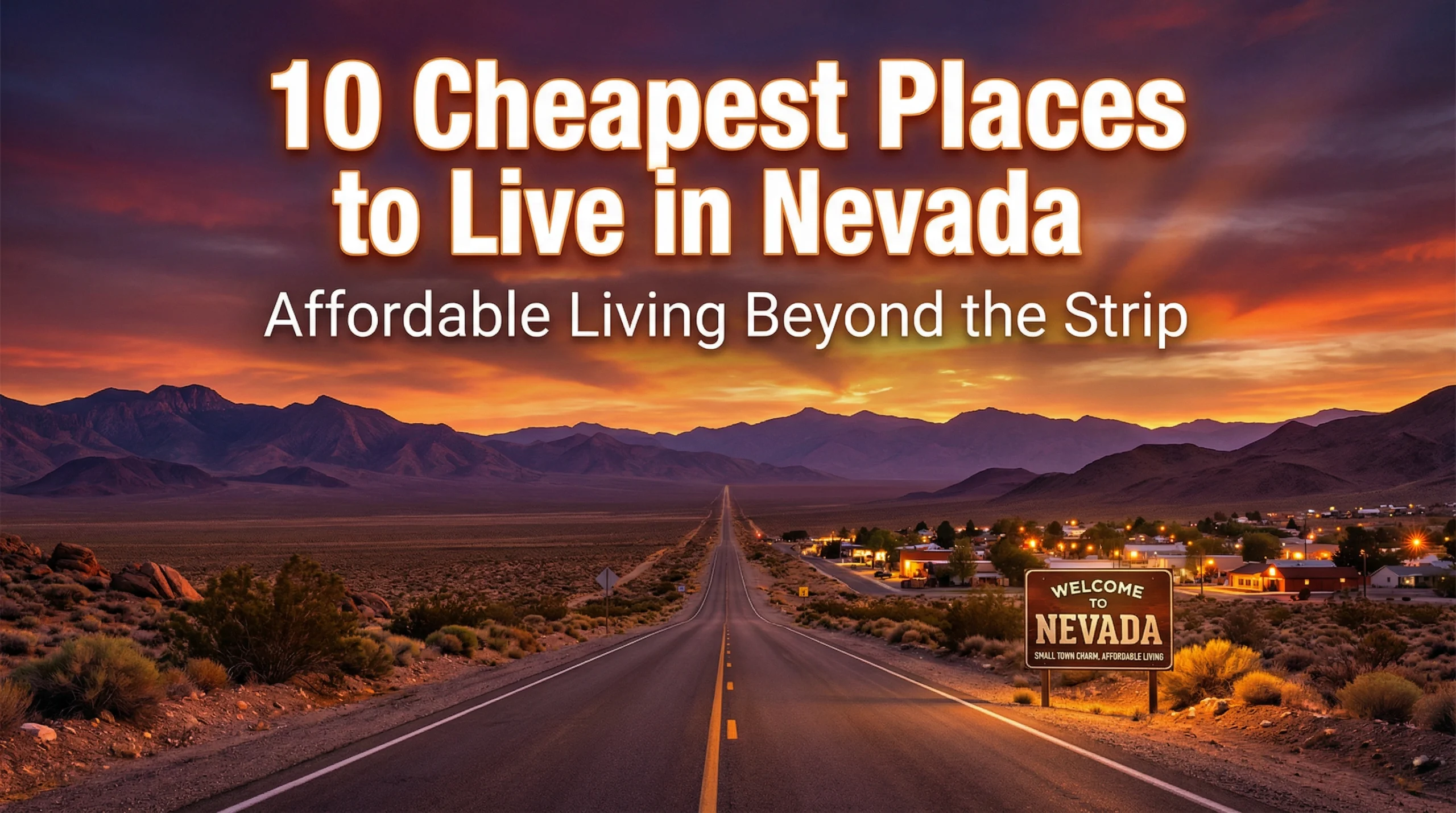A road leads to a small town in a desert landscape at sunset, with a Welcome to Nevada sign and text highlighting the Nevada cost of living and affordable living in Nevada. Uploaded on aifreeforever.com