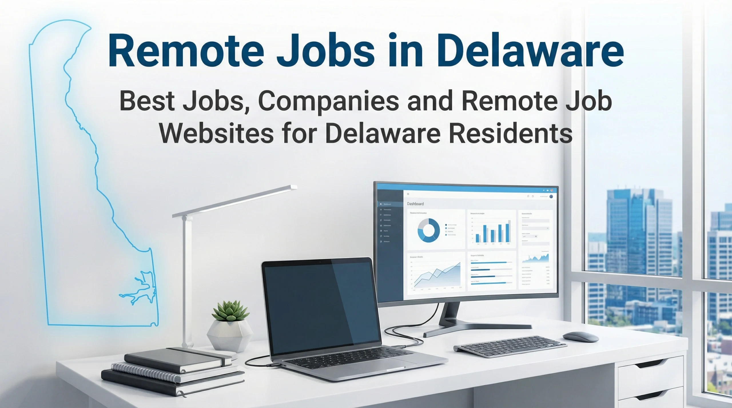 A modern office desk with a laptop, monitor displaying charts, notebooks, a pen, a lamp, and a small plant. Text reads: Remote Jobs Delaware—Best Remote Job Websites Delaware for Top Companies and Best Opportunities. Uploaded on aifreeforever.com
