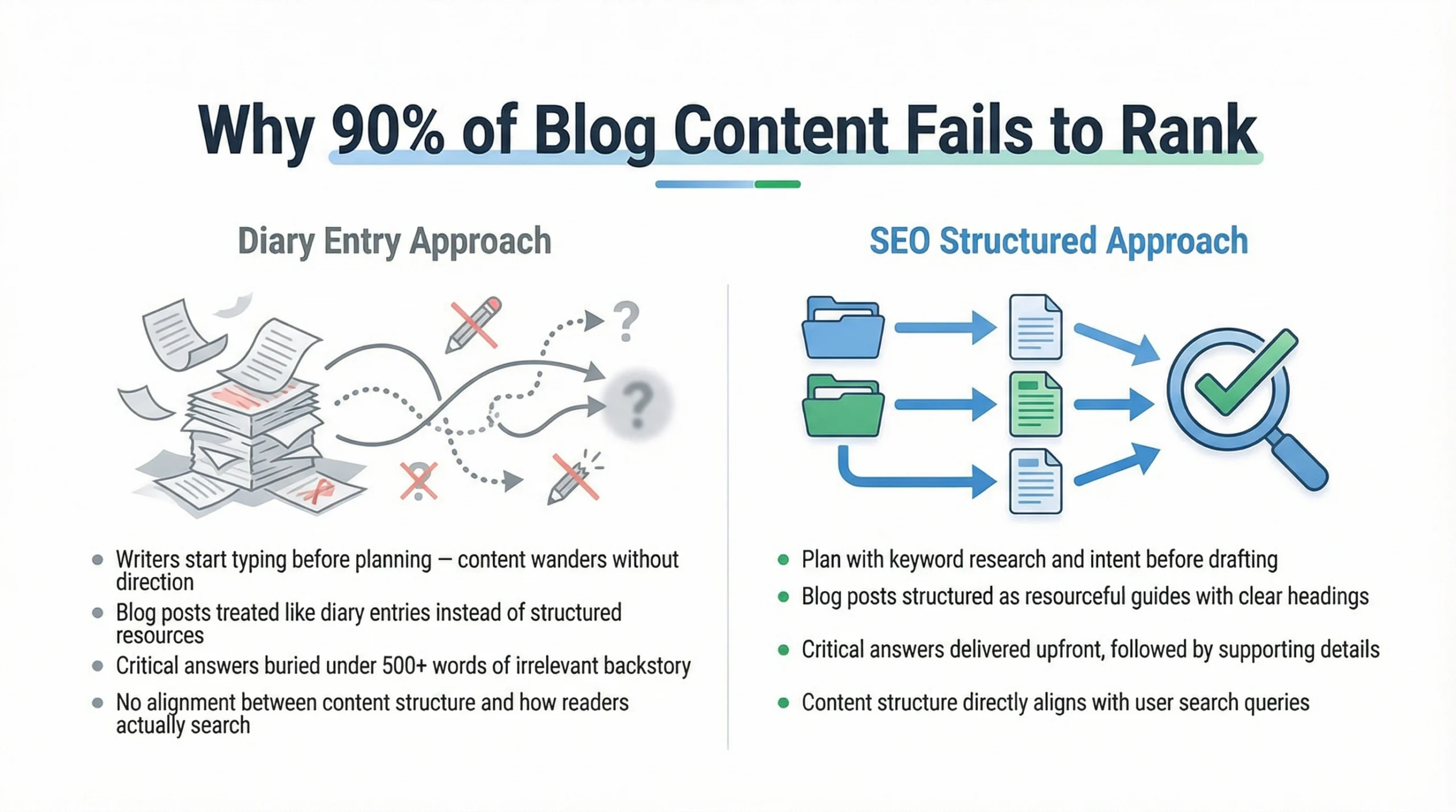Infographic comparing Diary Entry Approach and SEO Article writing structure for blog writing, highlighting reasons why blogs fail or succeed in ranking. Uploaded on aifreeforever.com