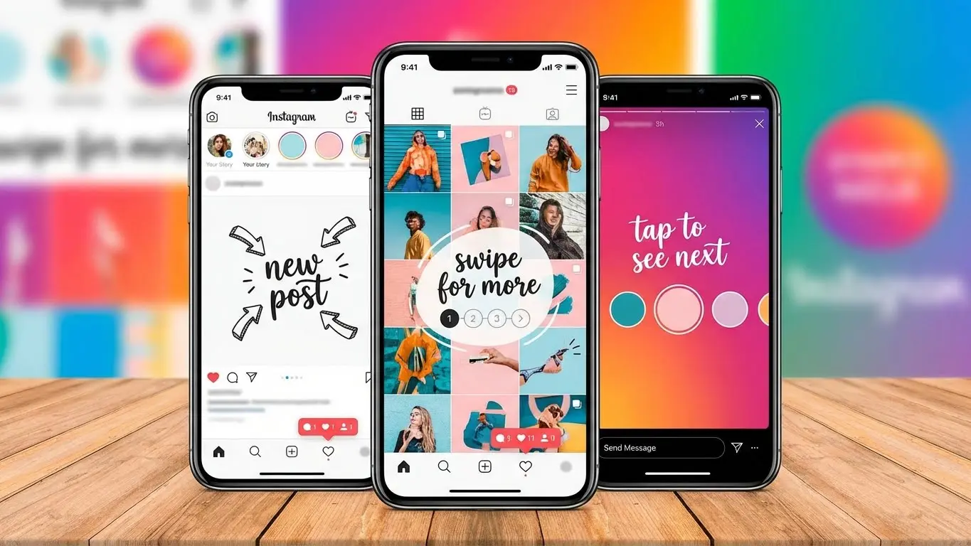 Three smartphones display vibrant Instagram Carousel Posts and stories with colorful backgrounds, text overlays, and image grids on a wooden surface, showcasing creative storytelling. Uploaded on aifreeforever.com