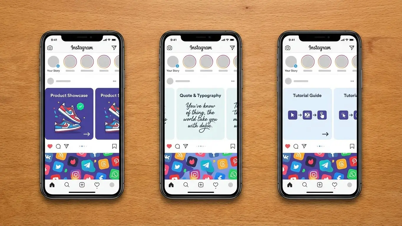 Three smartphones display Instagram feeds: the left phone shows a product showcase, the center features storytelling with a quote, and the right presents a tutorial guide. All rest on a wooden surface, highlighting Instagram Carousel Posts for effective marketing. Uploaded on aifreeforever.com