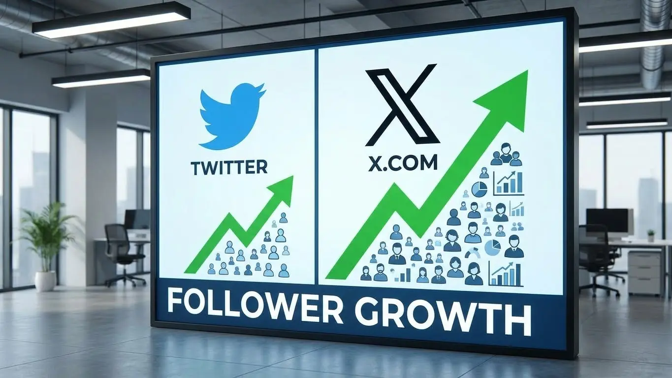 A digital display compares X/Twitter posts and follower growth with upward green arrows and user icons, set in a modern office environment, highlighting potential TweetHunter alternatives for 2026. Uploaded on aifreeforever.com