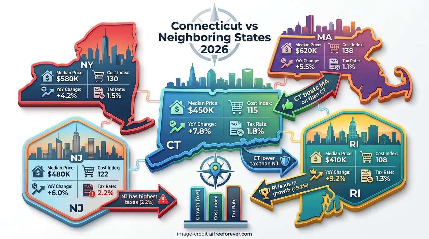 Infographic map compares 2026 forecast median housing prices, tax rates, and price changes for Connecticut, New York, New Jersey, Massachusetts, and Rhode Island. Uploaded on aifreeforever.com