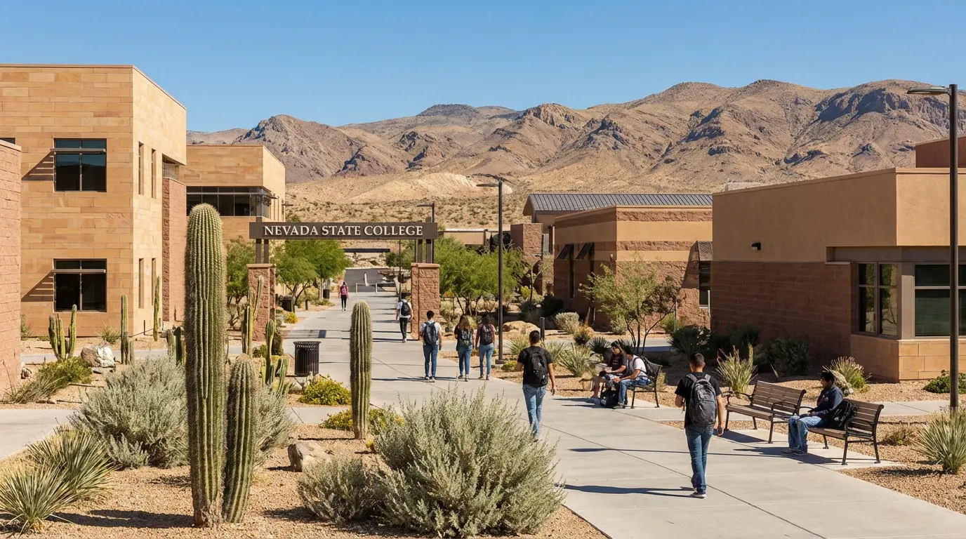 Students walk along a concrete pathway lined with desert plants between modern campus buildings at Nevada State College, one of the most affordable colleges in Nevada, with mountains visible in the background. Uploaded on aifreeforever.com