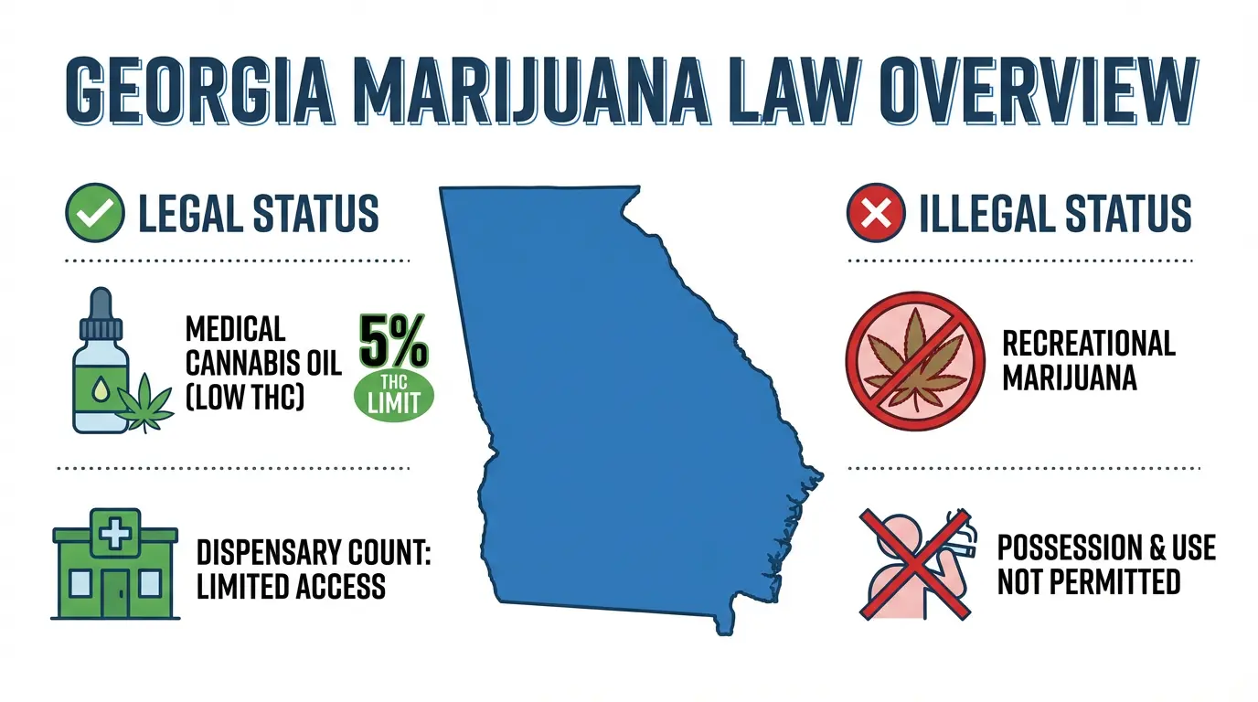 Infographic summarizing Georgia Marijuana Laws: Medical Cannabis oil (low THC) is legal with limited Dispensaries; recreational marijuana and possession remain illegal. Uploaded on aifreeforever.com
