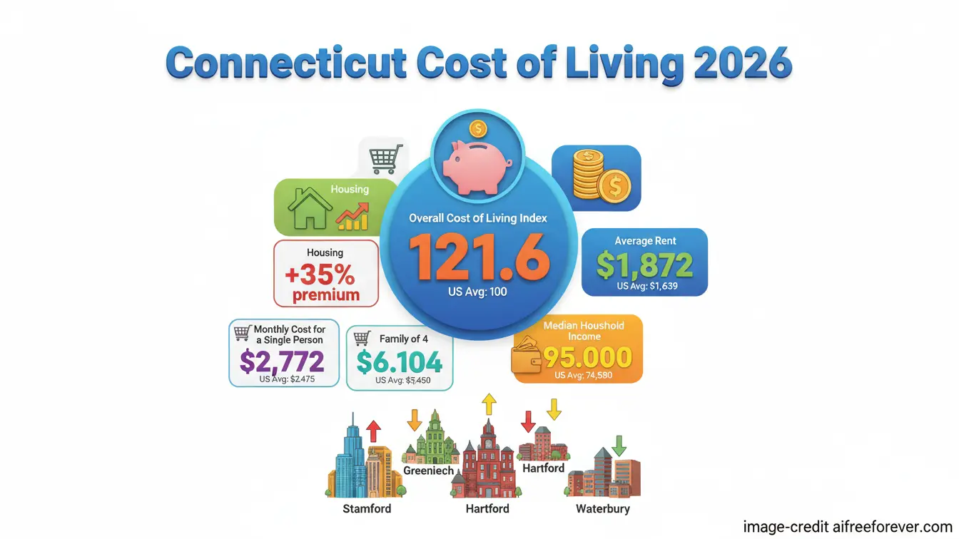 Infographic showing Connecticut’s 2024 cost of living index at 121.6, with average rent $1,872, monthly costs $2,772, family of 4 costs $6,104, and a 35% housing premium—key data for understanding the Connecticut Housing Market and housing prices. Uploaded on aifreeforever.com