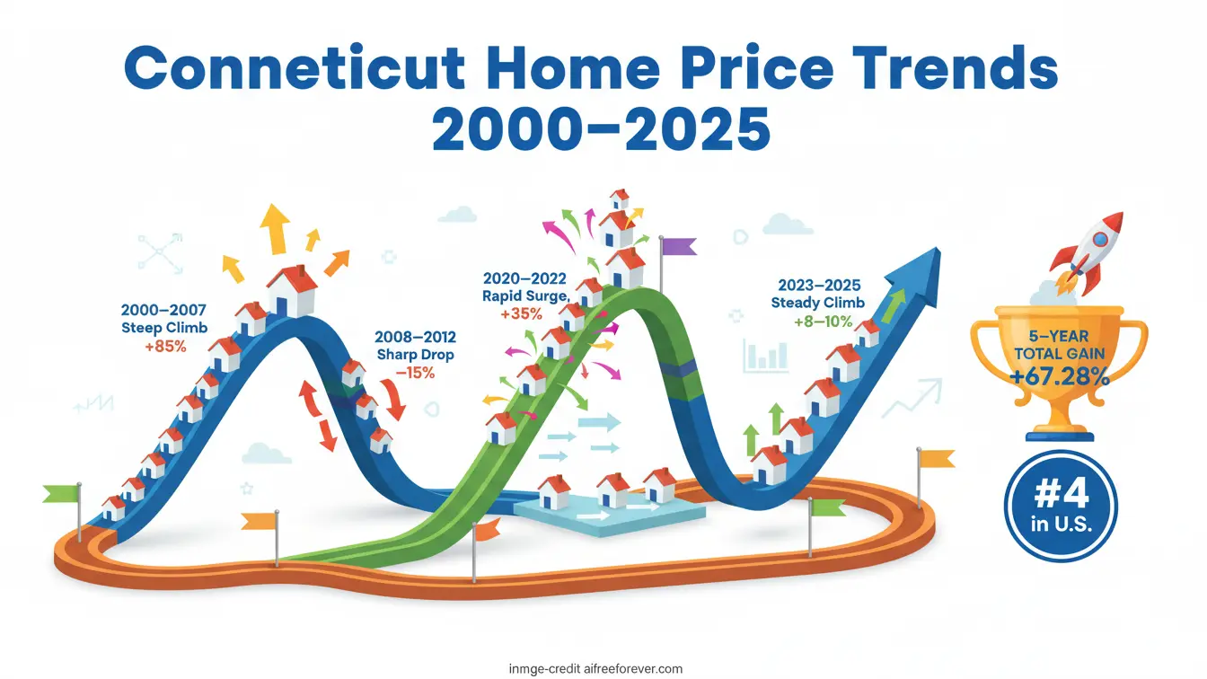 Infographic of Connecticut home price trends from 2000 to 2025, highlighting the Connecticut housing market’s periods of increase, sharp drop, and steady climb, with a 67.28% 5-year total gain and #4 U.S. ranking—plus insight on the 2026 housing forecast. Uploaded on aifreeforever.com