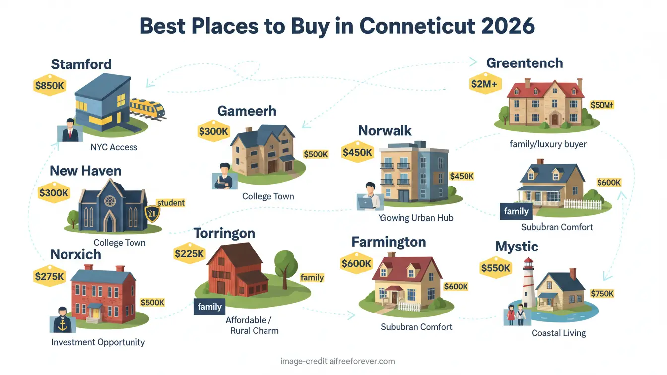 Illustrated map highlighting top cities to buy homes in Connecticut in 2026, featuring Connecticut housing prices, city features, and target demographics for each location. Uploaded on aifreeforever.com