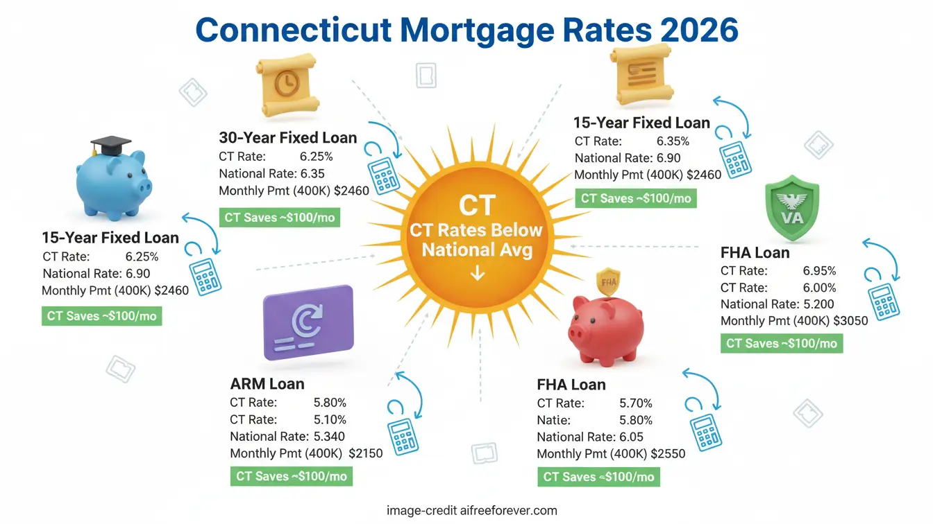 Infographic showing Connecticut mortgage rates for 2026, comparing 30-year, 15-year, ARM, and FHA loans to national averages. Highlights how the Connecticut housing market offers below-average rates in the 2026 forecast. Uploaded on aifreeforever.com