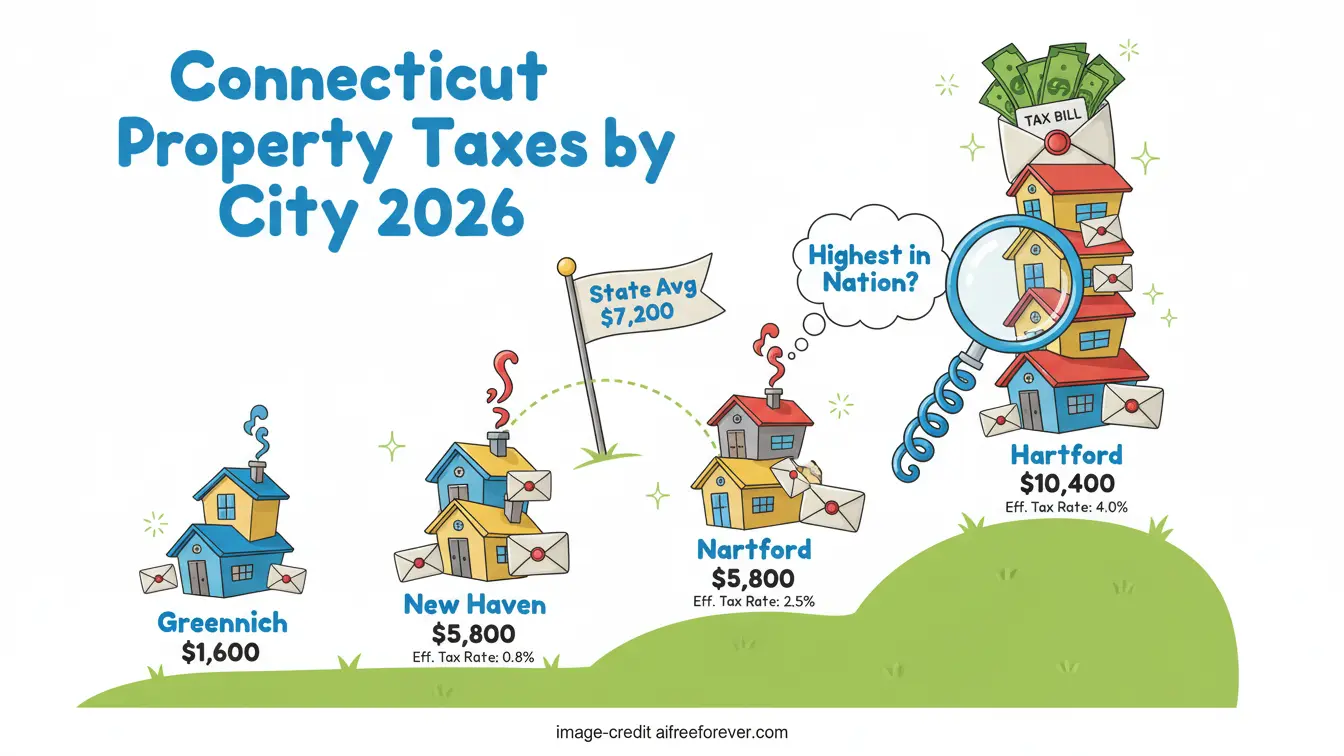 Illustration showing Connecticut property taxes by city for 2026; Hartford highest at $10,400, followed by Greenwich and New Haven. The 2026 forecast highlights growing property taxes alongside rising housing prices in the Connecticut housing market. Uploaded on aifreeforever.com