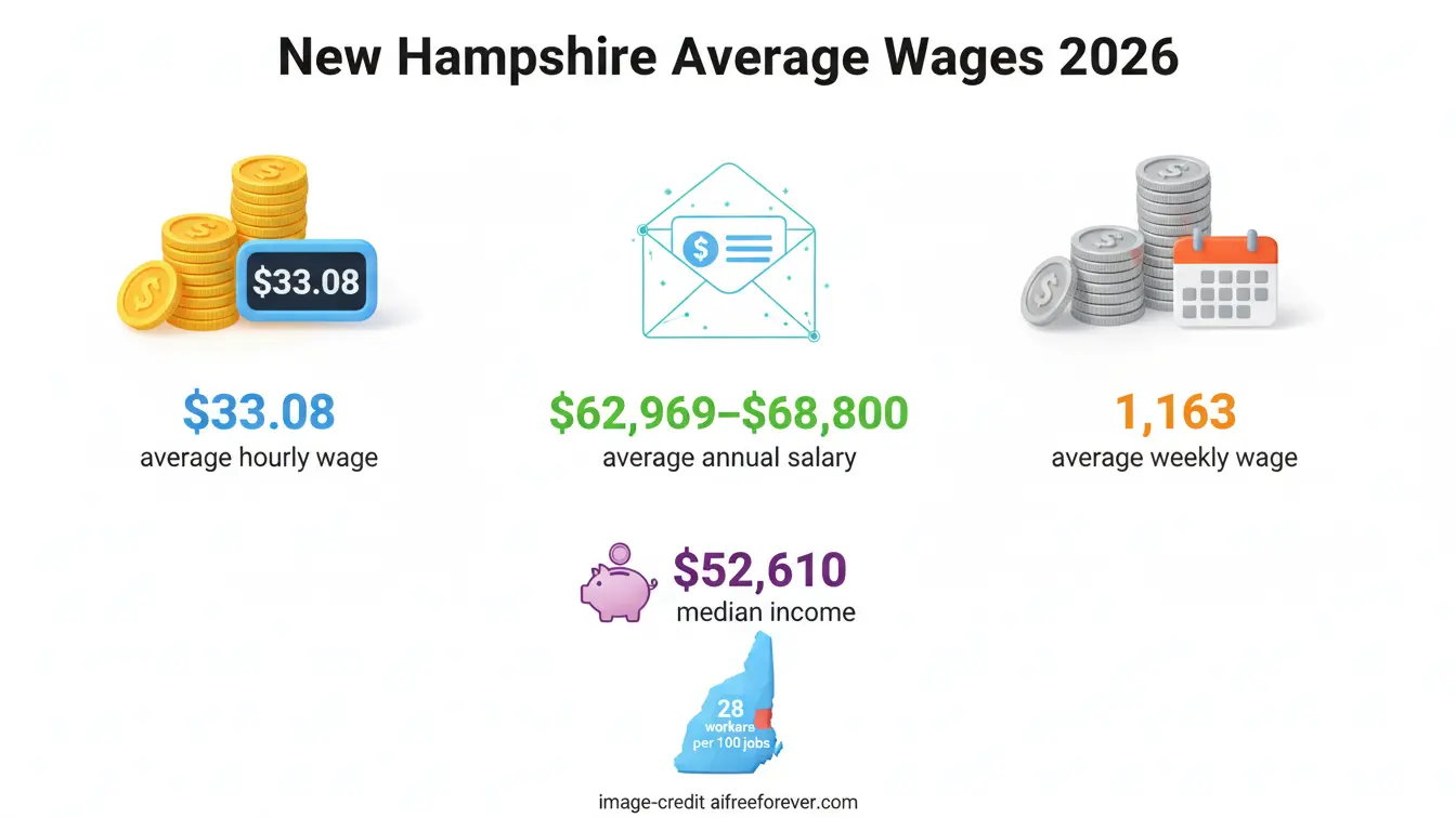 Infographic showing New Hampshire Salaries in 2026: $33.08 hourly wage, $62,969–$68,800 annual salary, $1,363 weekly wage, and a $52,610 median income. See how the Average Salary New Hampshire compares across industries. Uploaded on aifreeforever.com
