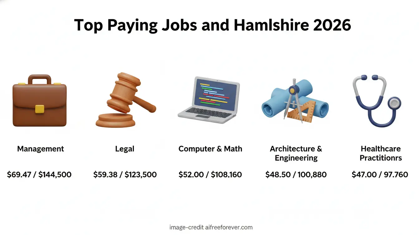 A chart titled Top Paying Jobs and New Hampshire Salary 2026 shows average hourly wages and annual salaries by profession in management, legal, computer & math, architecture & engineering, and healthcare. Uploaded on aifreeforever.com