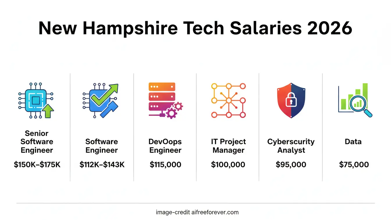 A chart highlights New Hampshire 2026 Salary projections, showing Salary by Profession New Hampshire—ranging from $95,000 for a Cybersecurity Analyst up to $150,000 for a Senior Software Engineer. Uploaded on aifreeforever.com