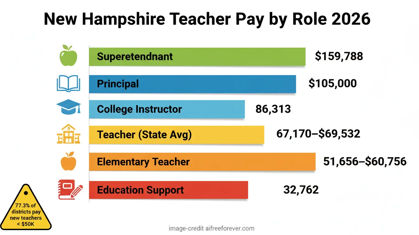 Bar chart showing Salary by Profession New Hampshire: projected 2026 salary trends include Superintendent $159,788, Principal $105,000, College Instructor $86,313, Teachers $67,170–$69,522, Elementary $61,565–$60,756, Education Support $32,762. Uploaded on aifreeforever.com