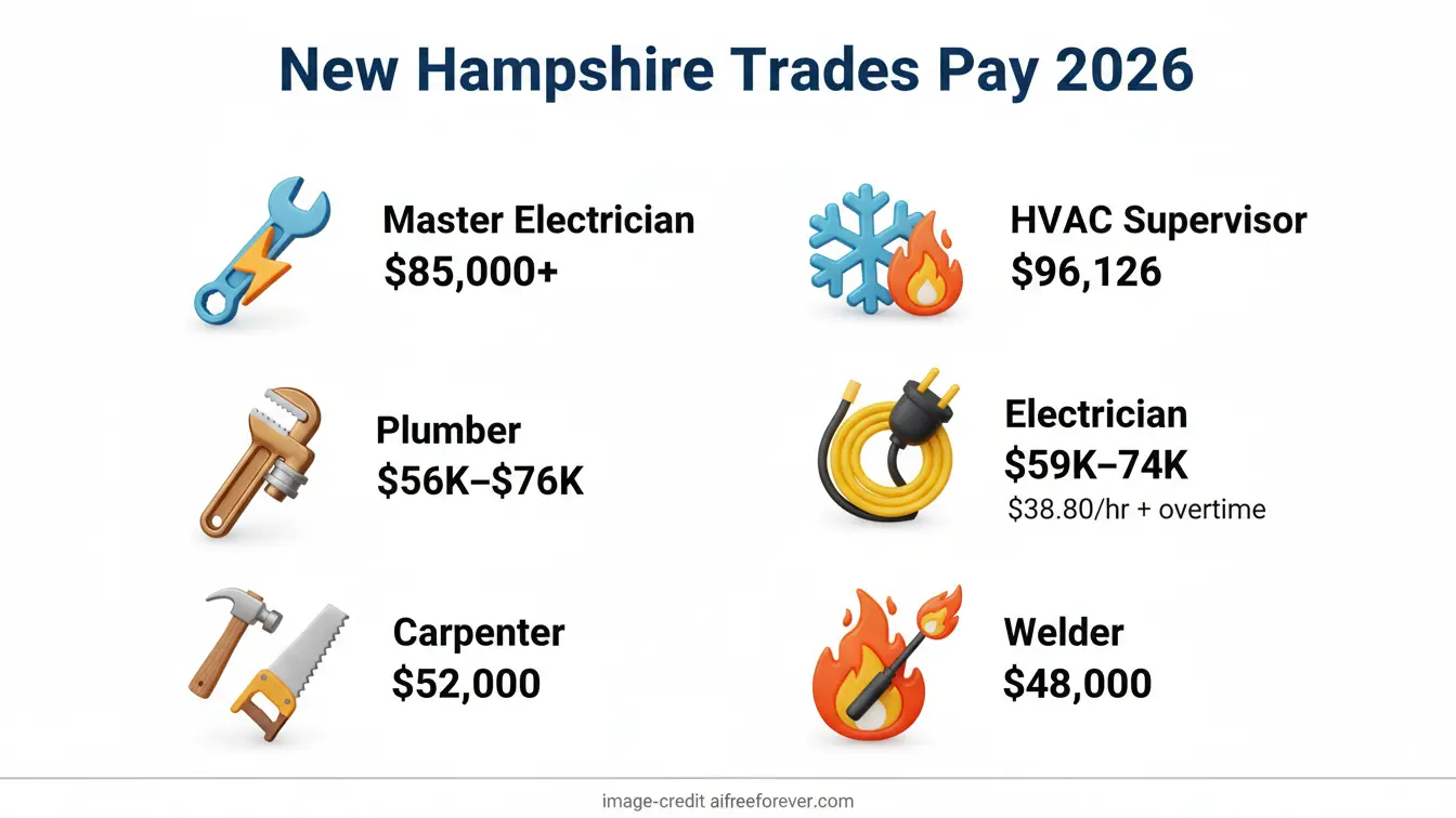 Explore New Hampshire Salary Data with this chart showing 2024 annual salaries for trades: HVAC Supervisor $96,126, Master Electrician $85,000+, Plumber $56K–$76K, Electrician $59K–$74K, Carpenter $52,000, and Welder $48,000. Uploaded on aifreeforever.com