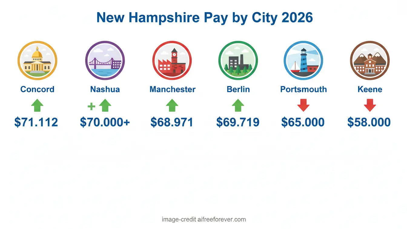 Infographic displaying the 2026 Average Salary New Hampshire by city: Concord $71,112, Nashua $70,000+, Manchester $68,971, Berlin $69,719, Portsmouth $65,000, and Keene $58,000. Uploaded on aifreeforever.com