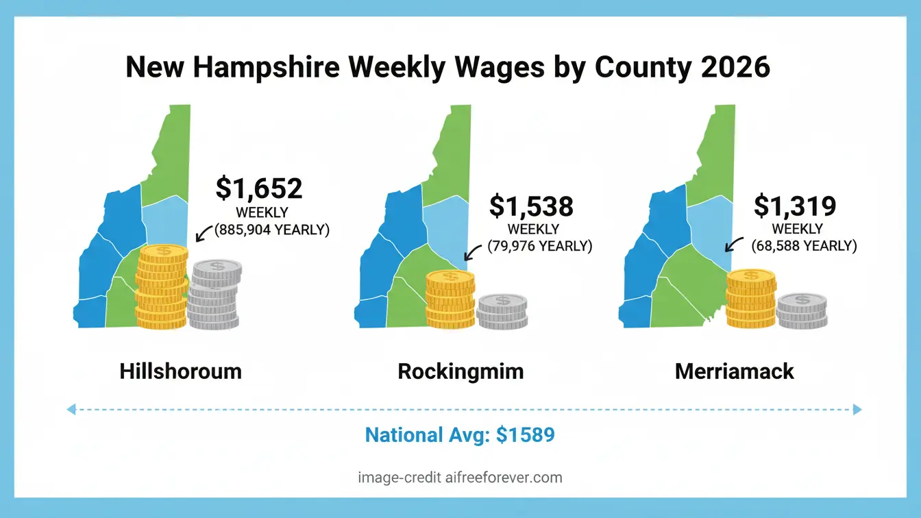 Infographic illustrates the average salary New Hampshire counties can expect in 2026: Hillsborough $1,652, Rockingham $1,538, Merrimack $1,319; all compared to the national weekly wage of $1,589. Uploaded on aifreeforever.com
