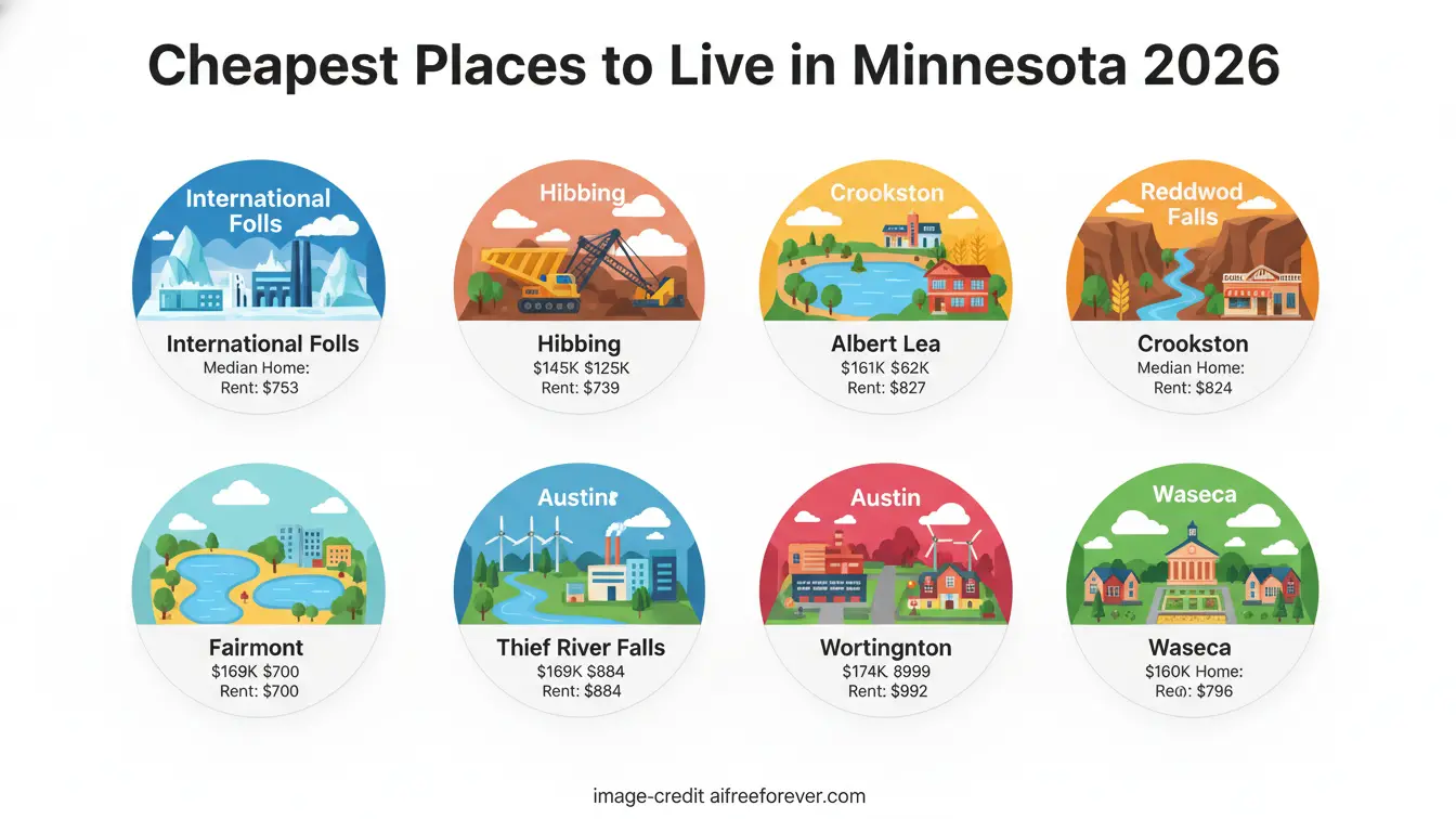 Infographic highlighting the Cheapest Places to Live Minnesota in 2026, featuring city names, median home prices, and average rent—perfect for those seeking affordable living Minnesota options. Uploaded on aifreeforever.com