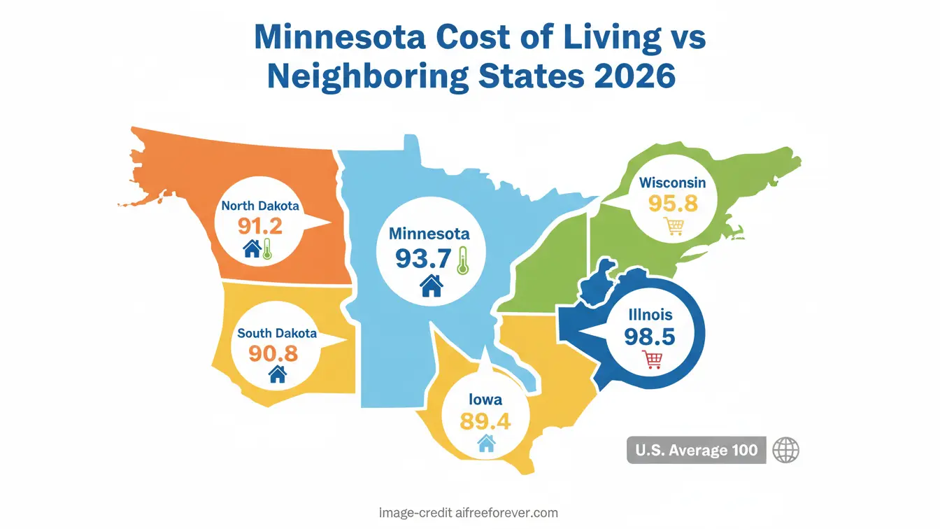 A map compares 2026 cost of living indexes in the Midwest, highlighting some of the cheapest places to live in Minnesota (93.7), North Dakota, South Dakota, Iowa, Wisconsin, and Illinois—all below the U.S. average (100). Uploaded on aifreeforever.com