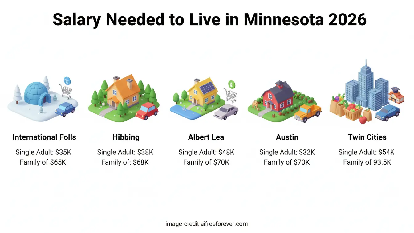 Infographic showing the salary needed in 2024 to live in some of the Cheapest Places Minnesota—International Falls, Hibbing, Albert Lea, and Austin—for single adults and families, with amounts listed for each city. Plan ahead if you want to live in Minnesota by 2026!. Uploaded on aifreeforever.com