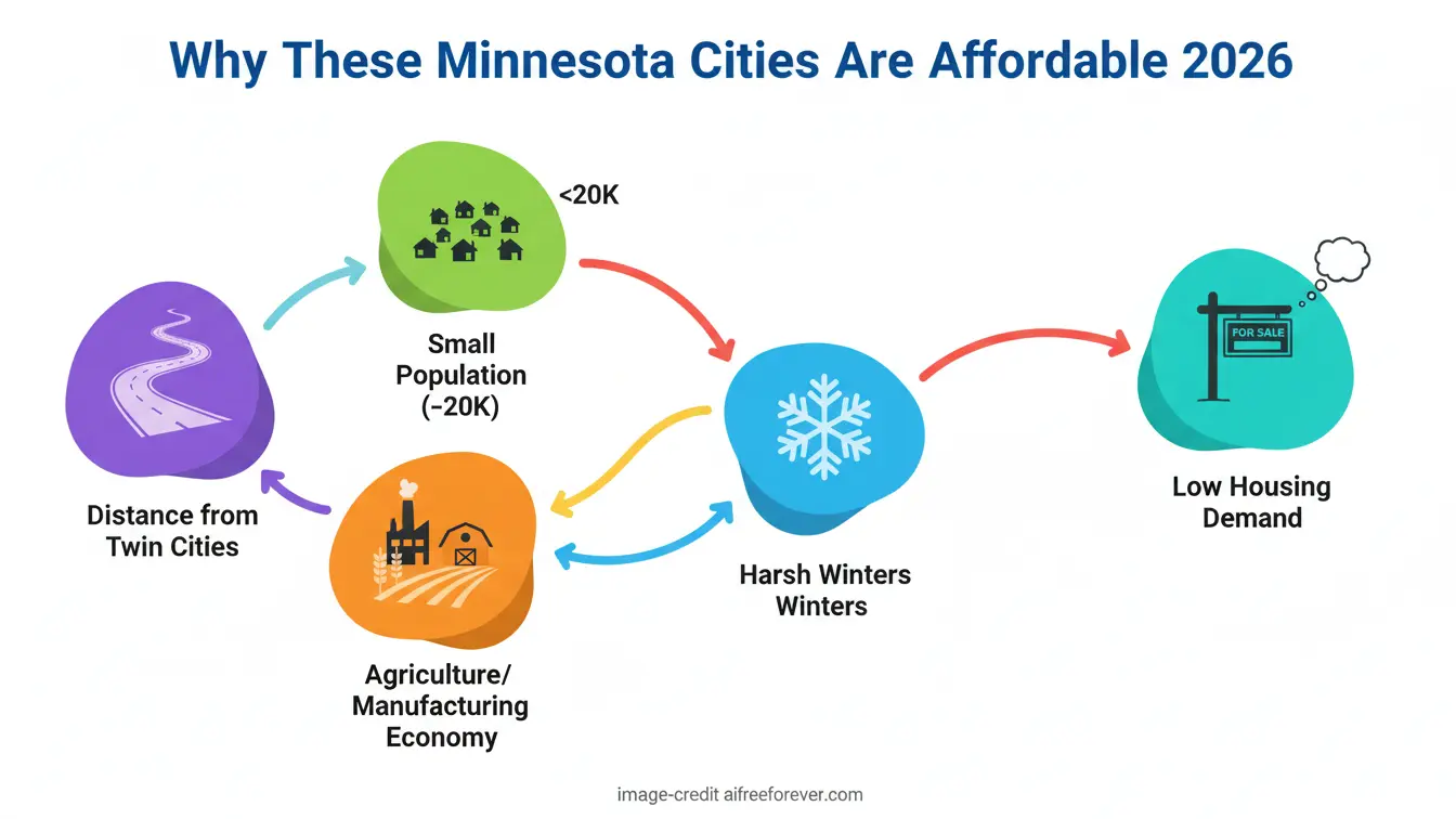 Flowchart showing factors making Minnesota cities some of the cheapest places to live in 2026: distance from Twin Cities, small population, strong economy, and harsh winters leading to low housing demand. Uploaded on aifreeforever.com