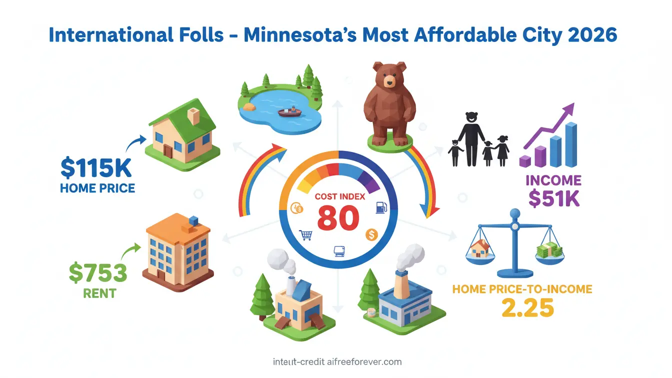 Infographic highlights International Falls as Minnesota’s top pick among Cheapest Places to Live in 2026: $115K home price, $753 rent, $51K income, cost index 80, and a home price-to-income ratio of just 2.25. Uploaded on aifreeforever.com