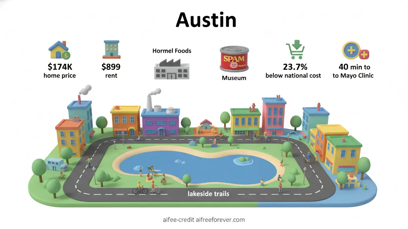 Illustration of Austin, Minnesota in 2026 with colorful buildings, a park with lakeside trails, and icons showing home price, rent, major businesses, cost of living, and its ranking among the Cheapest Places to Live near Mayo Clinic. Uploaded on aifreeforever.com