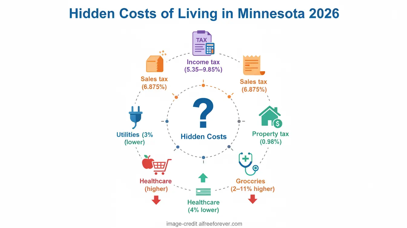 Infographic showing hidden costs of living in Minnesota in 2023—including taxes, utilities, groceries, and healthcare—compared to national averages. Discover how these affect finding the cheapest places to live in Minnesota or planning ahead for Minnesota 2026. Uploaded on aifreeforever.com