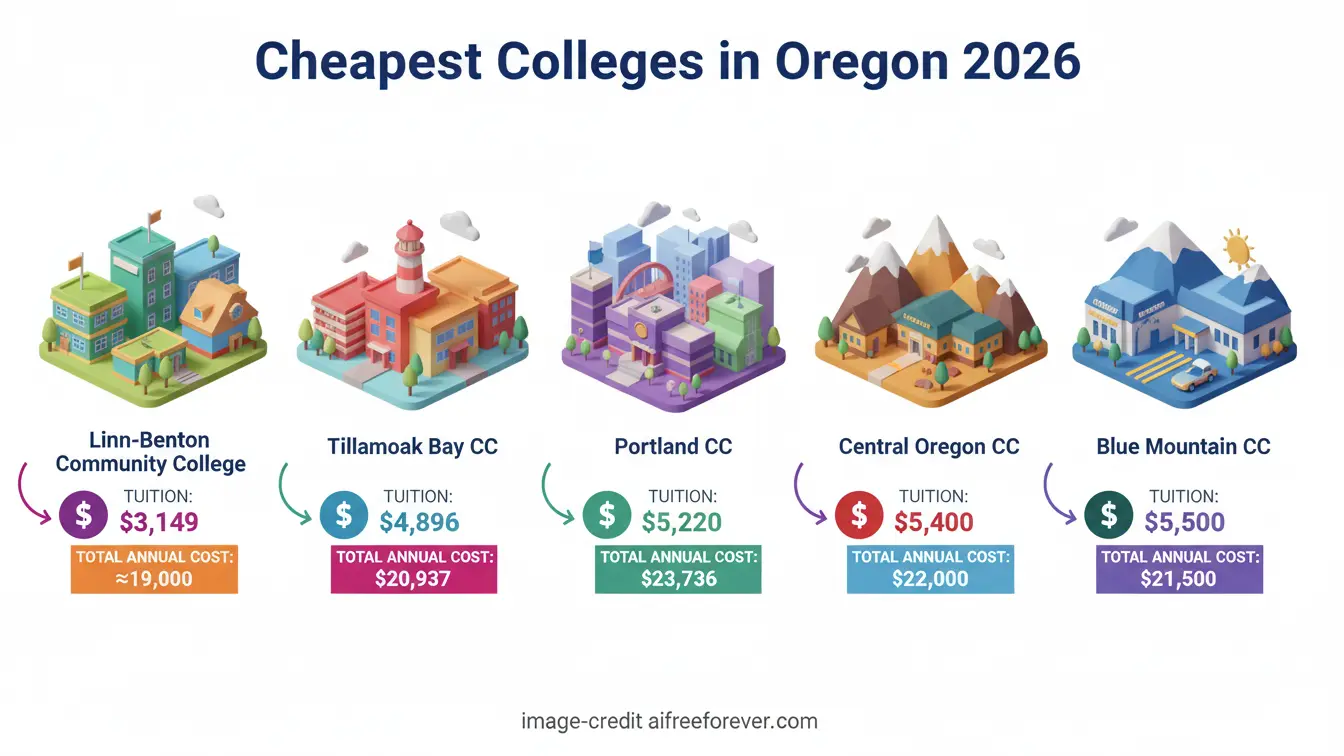 Illustration compares five colleges in Oregon by tuition and total annual cost for Oregon 2026, with fees ranging from $4,896 to $5,550 and yearly totals from $19,000 to $23,736—highlighting some of the cheapest colleges Oregon offers. Uploaded on aifreeforever.com