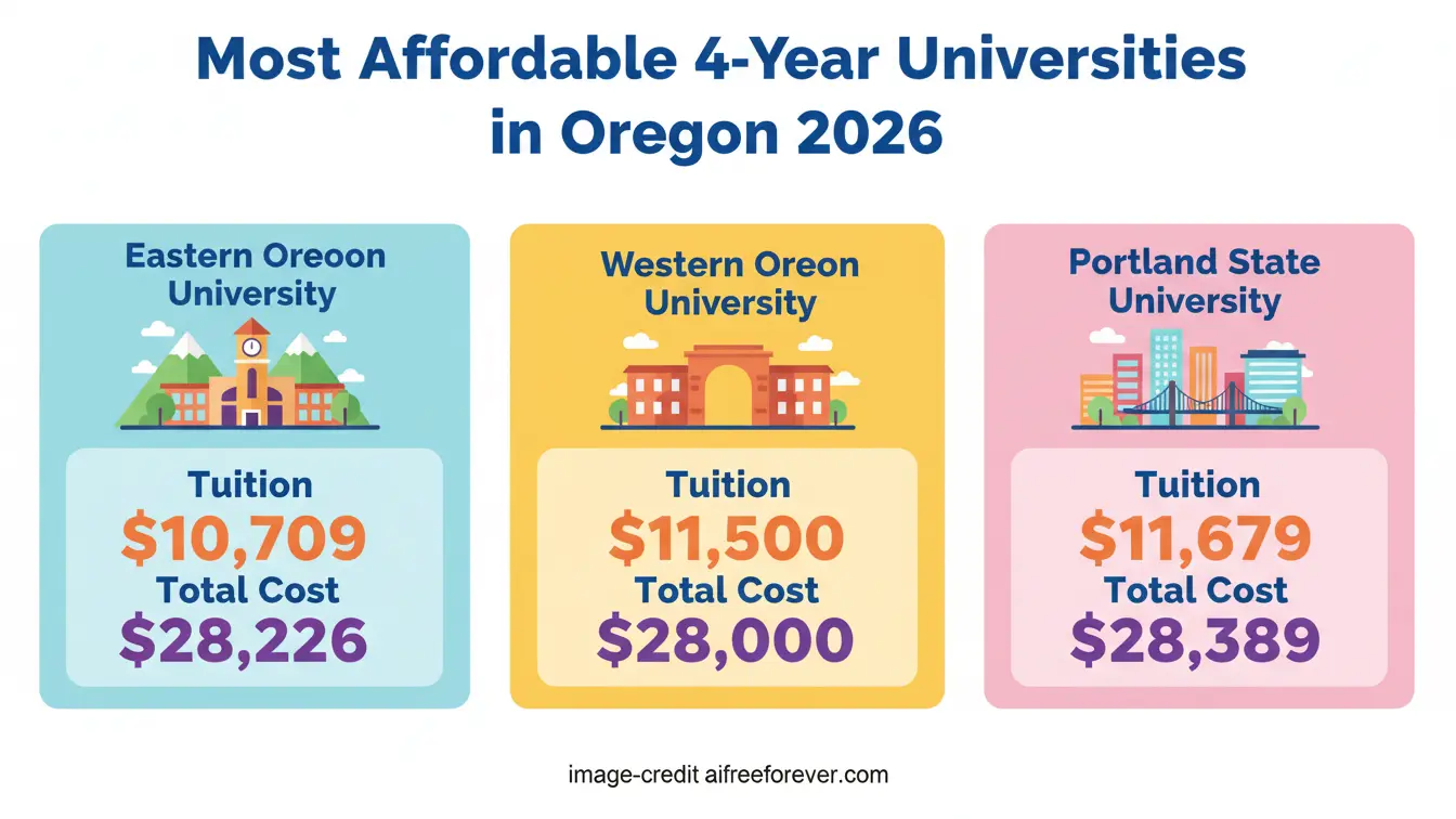 Infographic listing tuition and total cost for three Affordable Colleges Oregon in 2026: Eastern Oregon, Western Oregon, and Portland State University. Uploaded on aifreeforever.com