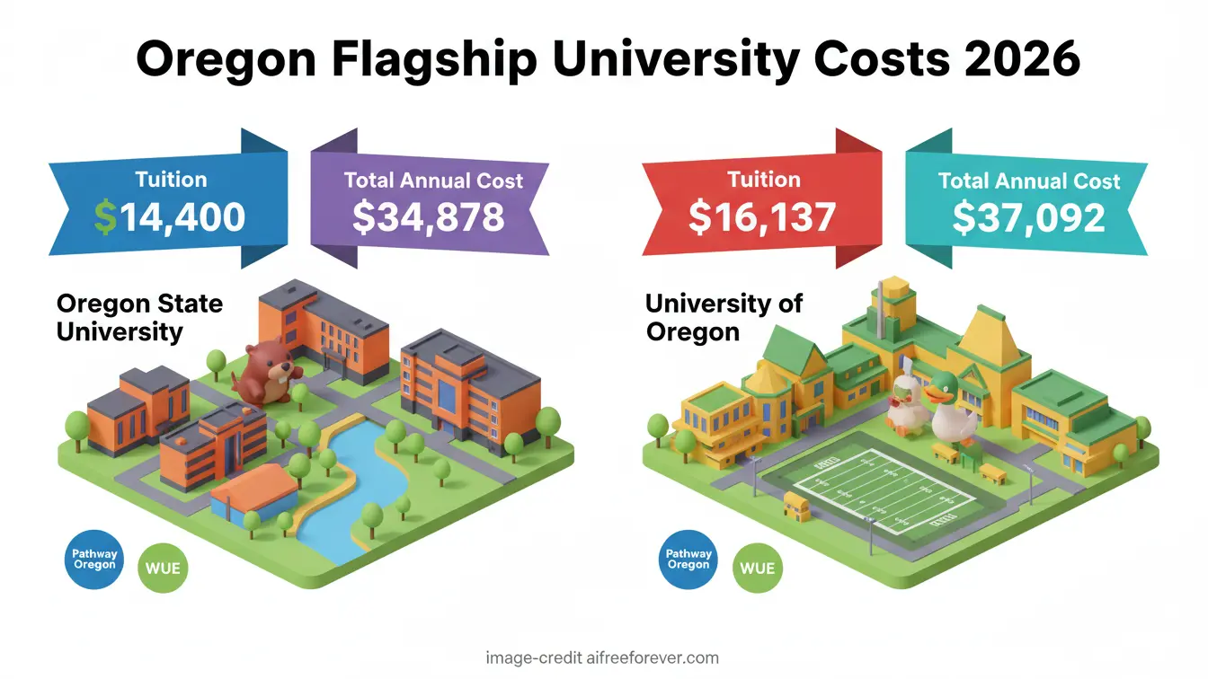 Infographic comparing 2026 costs at Oregon State University and University of Oregon, featuring tuition and total annual cost for each with illustrated campus scenes—ideal for exploring Affordable Colleges Oregon. Uploaded on aifreeforever.com