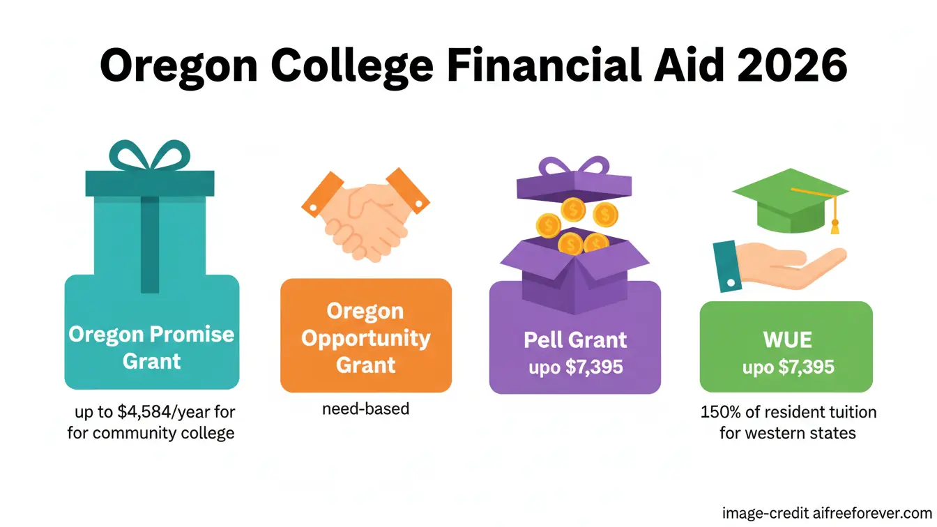 Infographic summarizing four Oregon college financial aid options for 2026: Oregon Promise Grant, Oregon Opportunity Grant, Pell Grant, and WUE—helping you explore affordable colleges in Oregon with clear icons and concise details. Uploaded on aifreeforever.com