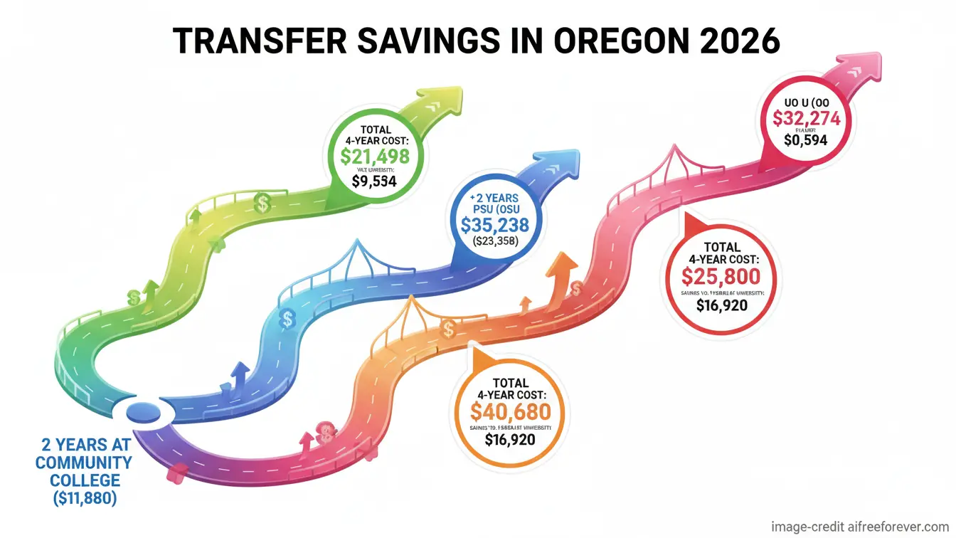Infographic shows transfer savings for Oregon College students in 2026, comparing total and annual costs for 2 years at community college plus 2 years at several universities, highlighting Affordable Colleges Oregon. Uploaded on aifreeforever.com