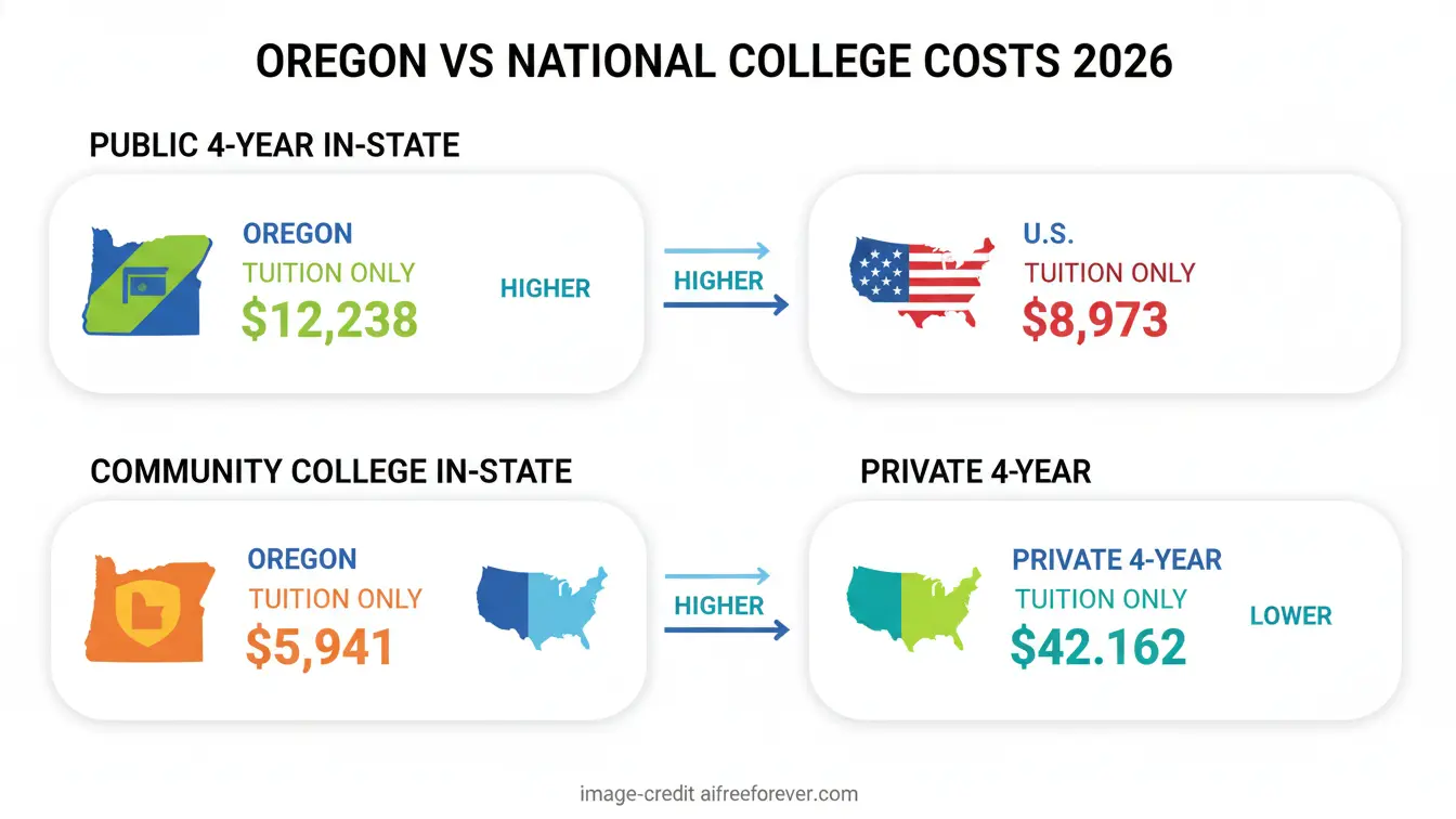 Infographic compares Oregon colleges 2026 tuition costs to U.S. averages at public, community, and private schools, highlighting that Oregon costs are higher—except for private 4-year Colleges in Oregon. Uploaded on aifreeforever.com