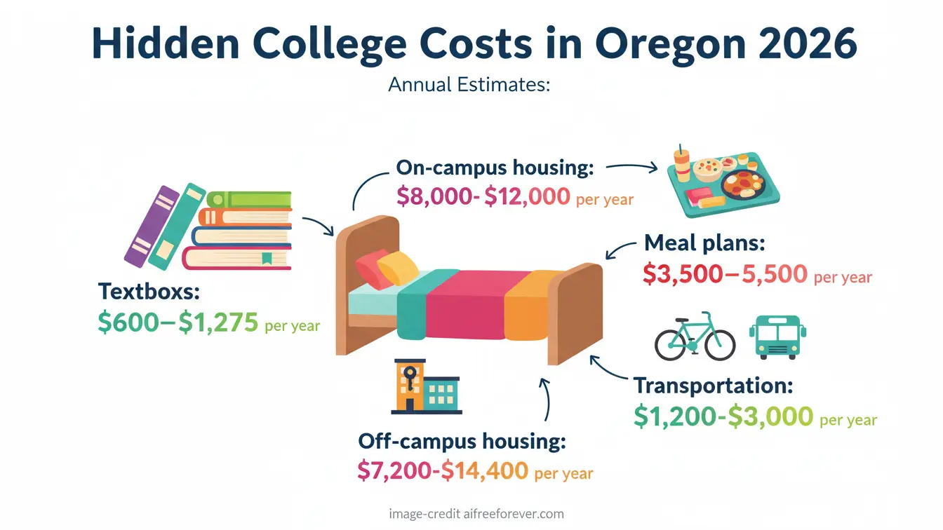 Infographic reveals hidden costs at Oregon colleges 2026: textbooks $600–$1,275, on-campus housing $8,000–$12,000, off-campus $7,200–$14,400, meals $3,500–$5,000 and transport $1,200–$3,000. Uploaded on aifreeforever.com