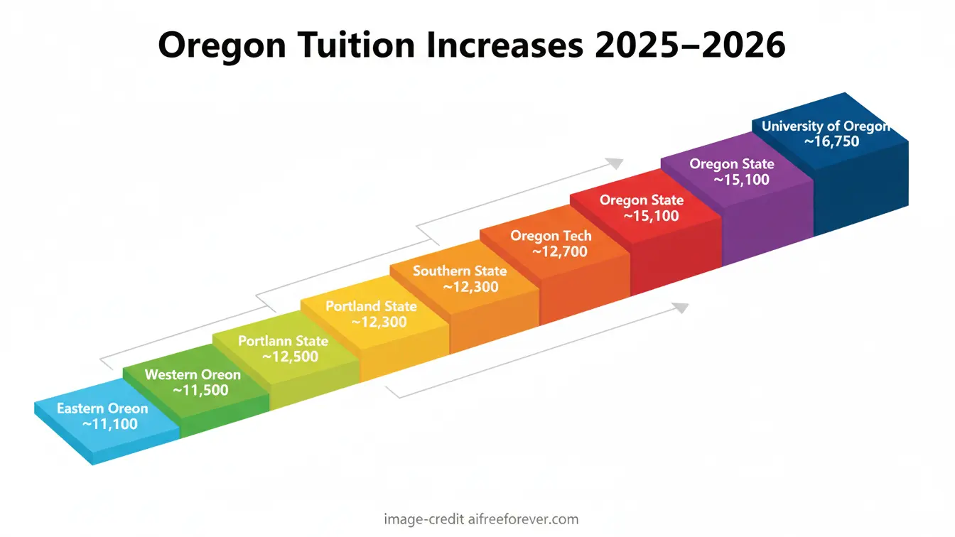 A colored bar chart compares projected 2025-2026 tuition increases for Oregon Colleges 2026, with costs ranging from $11,000 at Eastern Oregon to $16,750 at University of Oregon. Uploaded on aifreeforever.com