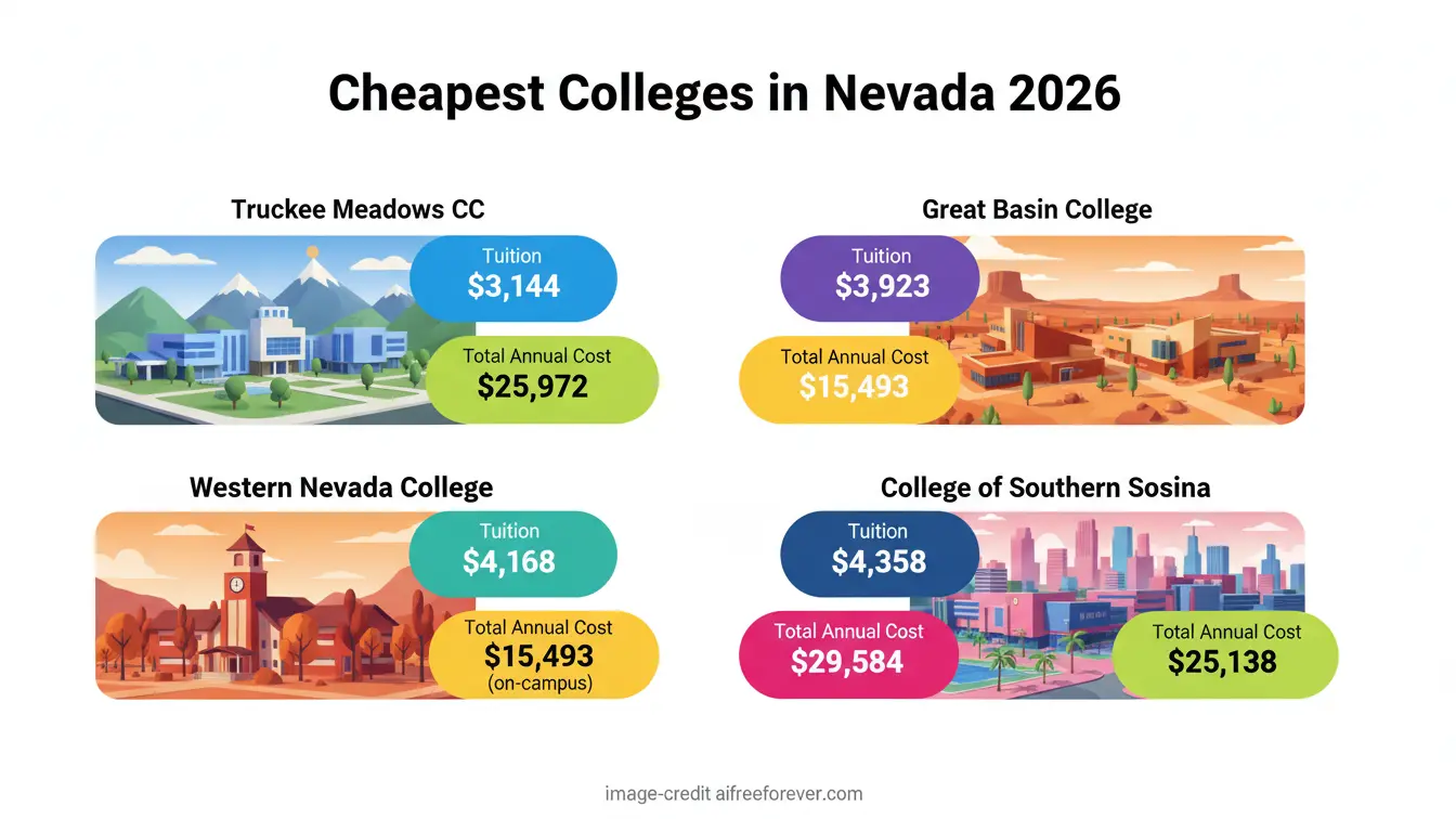 Infographic listing tuition and total annual Nevada colleges cost for the cheapest colleges in Nevada in 2026, including Truckee Meadows CC, Great Basin College, Western Nevada College, and College of Southern Sosina. Uploaded on aifreeforever.com
