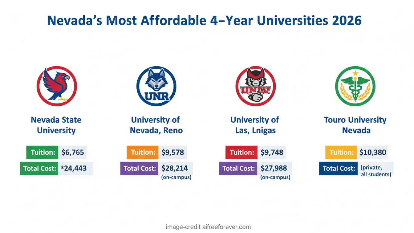 A chart compares 2026 tuition and total costs for four affordable Nevada colleges—NSU, UNR, UNLV, and Touro University—highlighting college costs at some of the cheapest colleges in Nevada. Uploaded on aifreeforever.com