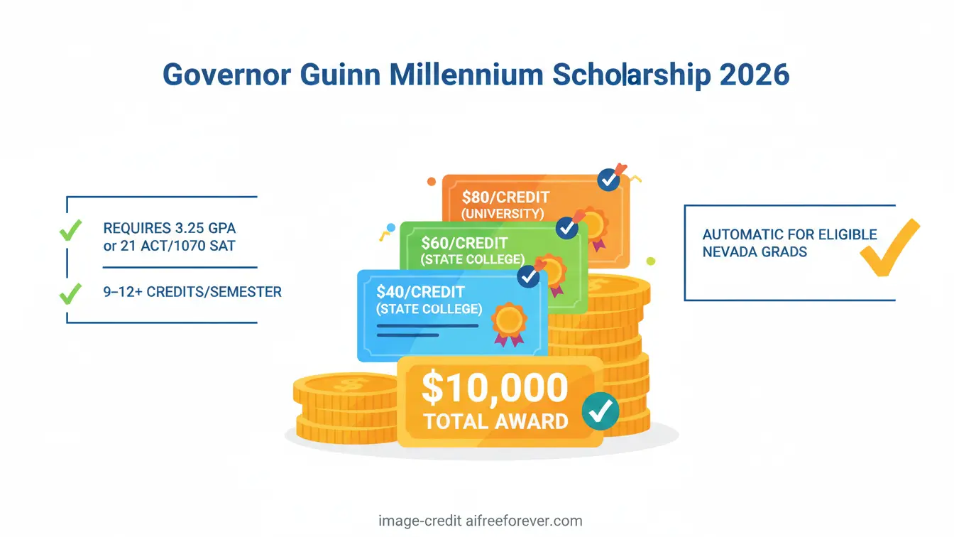 Infographic showing requirements and benefits of the Governor Guinn Millennium Scholarship 2026, including GPA, test scores, credit cost, and a total award of $10,000 for Nevada graduates at some of the most affordable colleges Nevada offers. Uploaded on aifreeforever.com