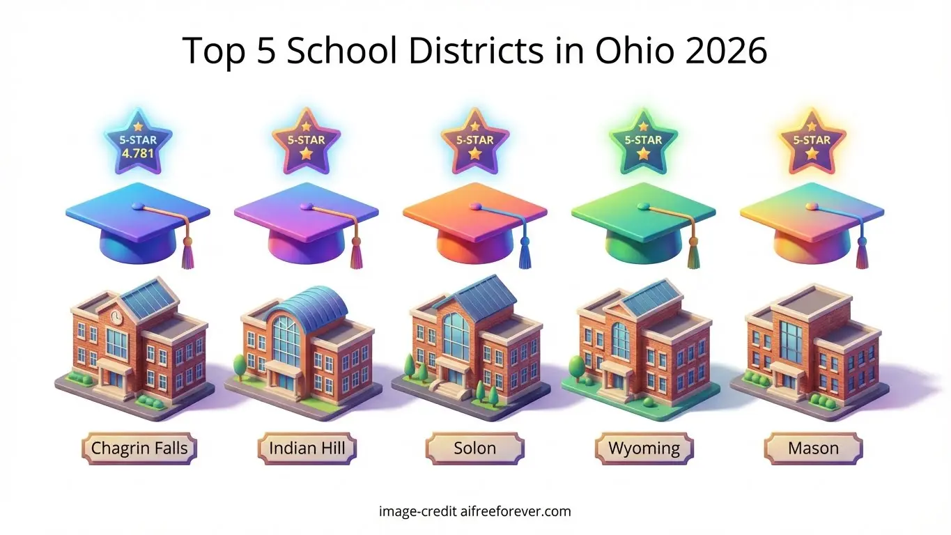 Illustration highlighting the top 5 school districts in Ohio for 2026 Rankings: Chagrin Falls, Indian Hill, Solon, Wyoming, and Mason—each among the Best Cities in Ohio for Families—depicted with buildings and 5-star graduation caps. Uploaded on aifreeforever.com