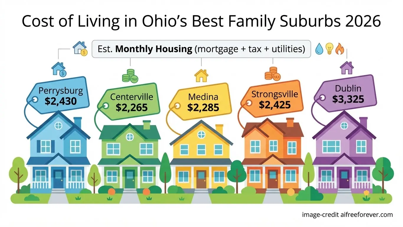 Illustration of estimated 2026 monthly housing costs in top Ohio suburbs—some of the Best Cities in Ohio for Families: Perrysburg $2,430, Centerville $2,265, Medina $2,285, Strongsville $2,425, Dublin $3,325. Uploaded on aifreeforever.com