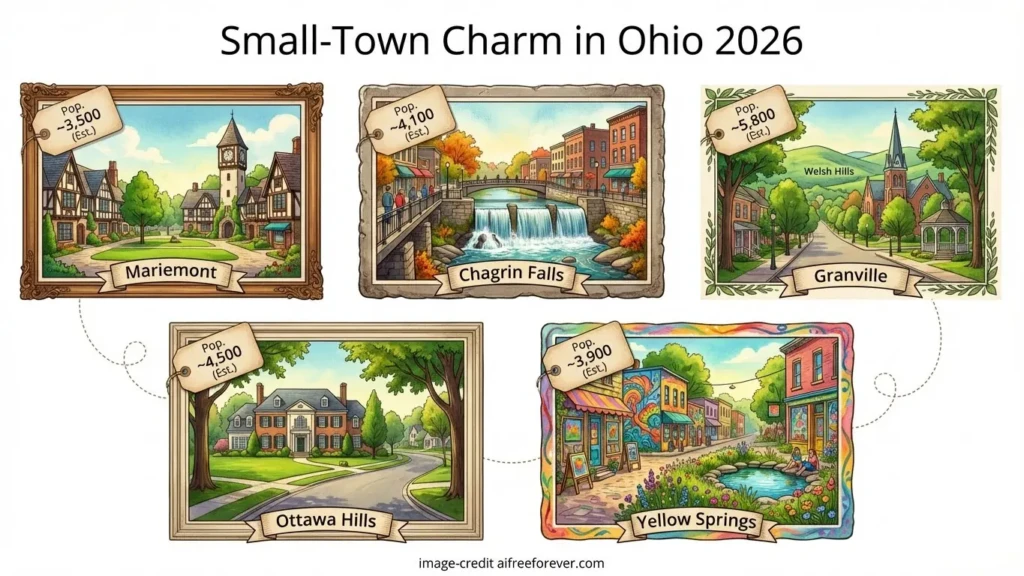 Illustration of five charming small towns in Ohio—Mariemont, Chagrin Falls, Granville, Ottawa Hills, and Yellow Springs—each with population and median home price shown from the 2026 Rankings of Best Cities in Ohio for Families. Uploaded on aifreeforever.com