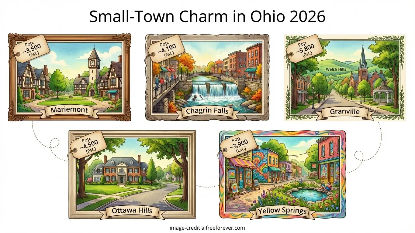 Illustration of five charming small towns in Ohio—Mariemont, Chagrin Falls, Granville, Ottawa Hills, and Yellow Springs—each with population and median home price shown from the 2026 Rankings of Best Cities in Ohio for Families. Uploaded on aifreeforever.com
