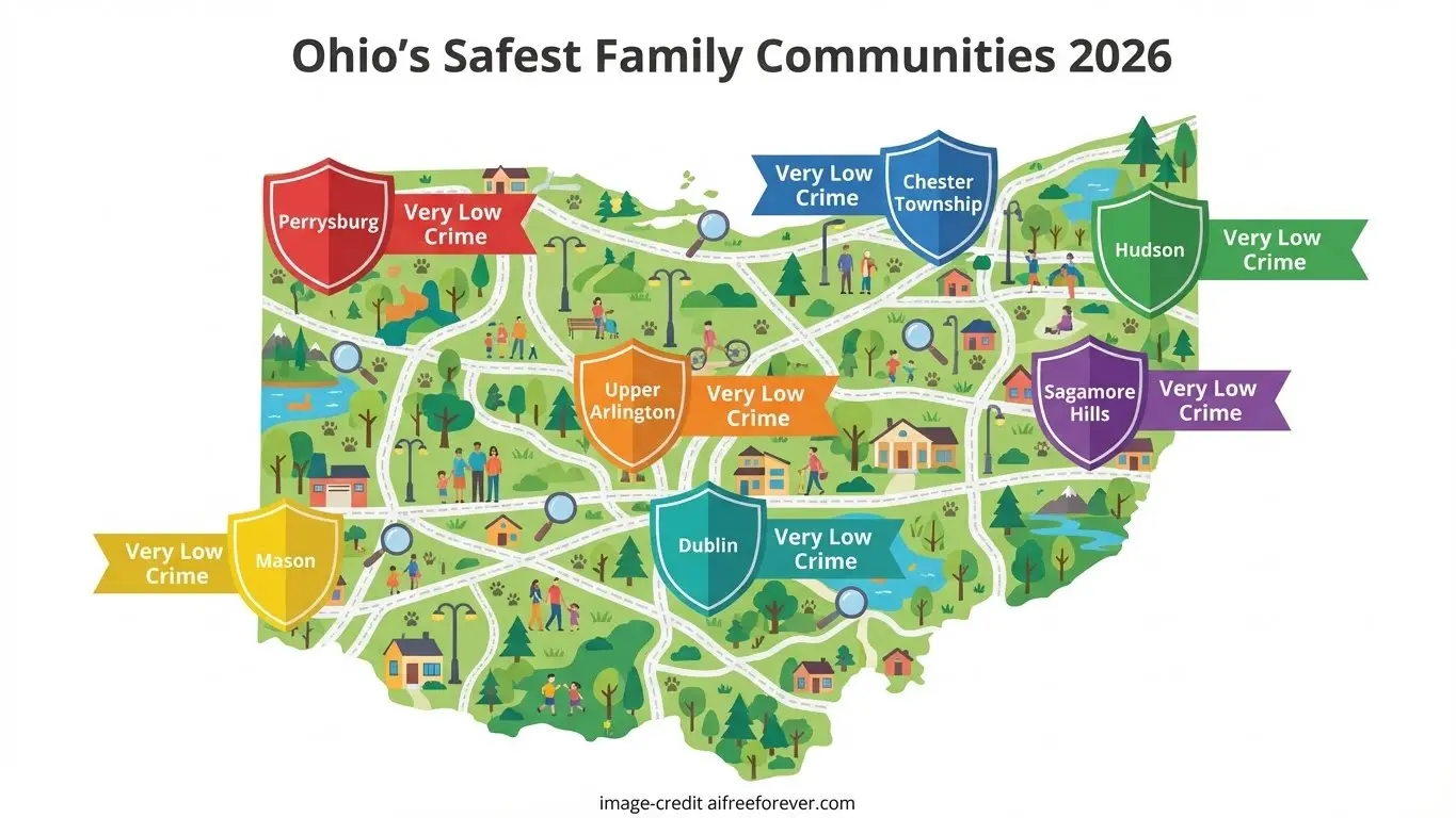 Illustrated map of Ohio for Families highlights cities with Very Low Crime as the safest family communities in 2026, including Perrysburg, Mason, Dublin, Chester Township, Hudson, and more—showcasing the Best Cities in Ohio. Uploaded on aifreeforever.com