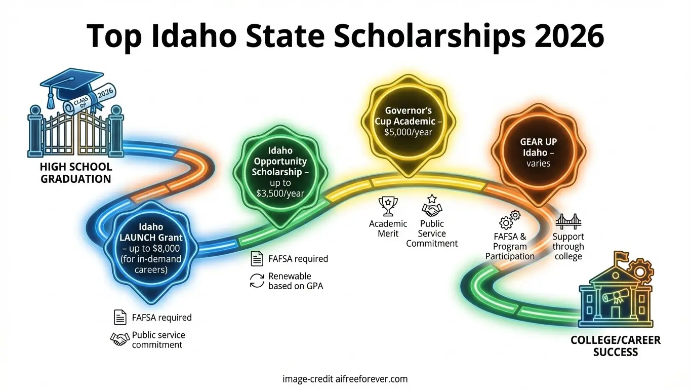Flowchart showing Idaho scholarship options for 2026, highlighting LAUNCH, Opportunity, Governor’s Cup, and GEAR UP scholarships with requirements, benefits, and a path from high school to college success. Uploaded on aifreeforever.com