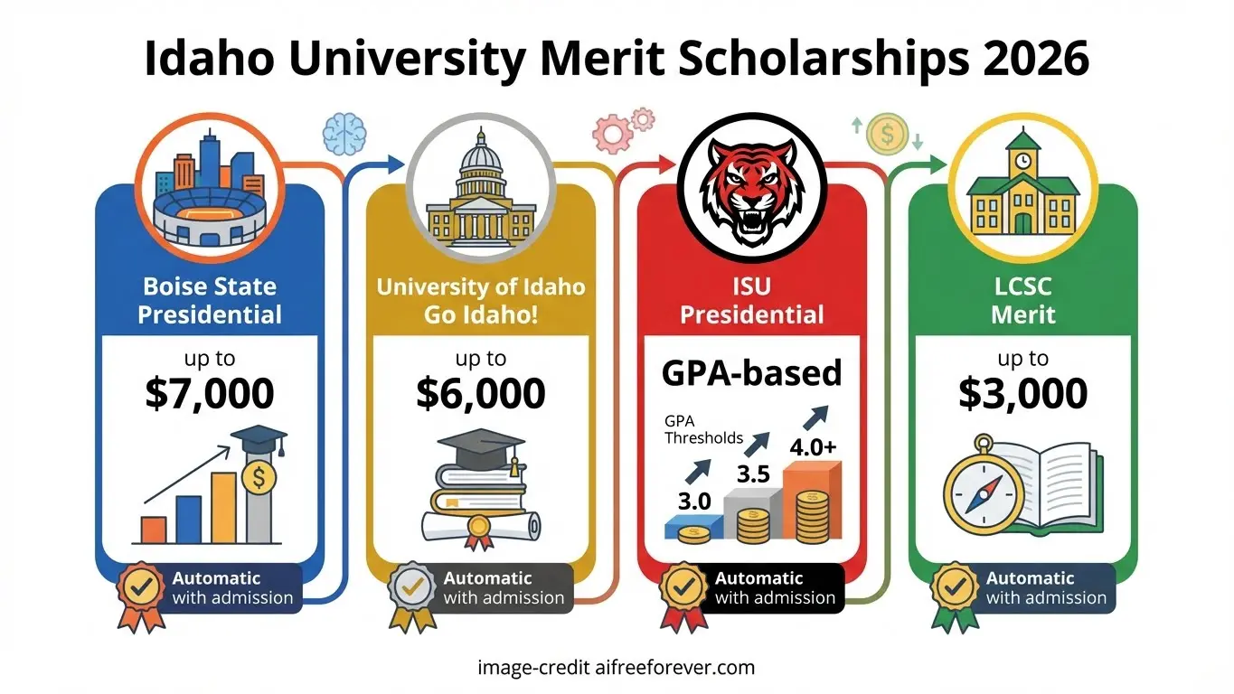 Infographic listing Idaho scholarship opportunities at universities for 2026: Boise State up to $7,000, U of Idaho up to $6,000, ISU GPA-based, LCSC up to $3,000. Automatic with admission. Uploaded on aifreeforever.com