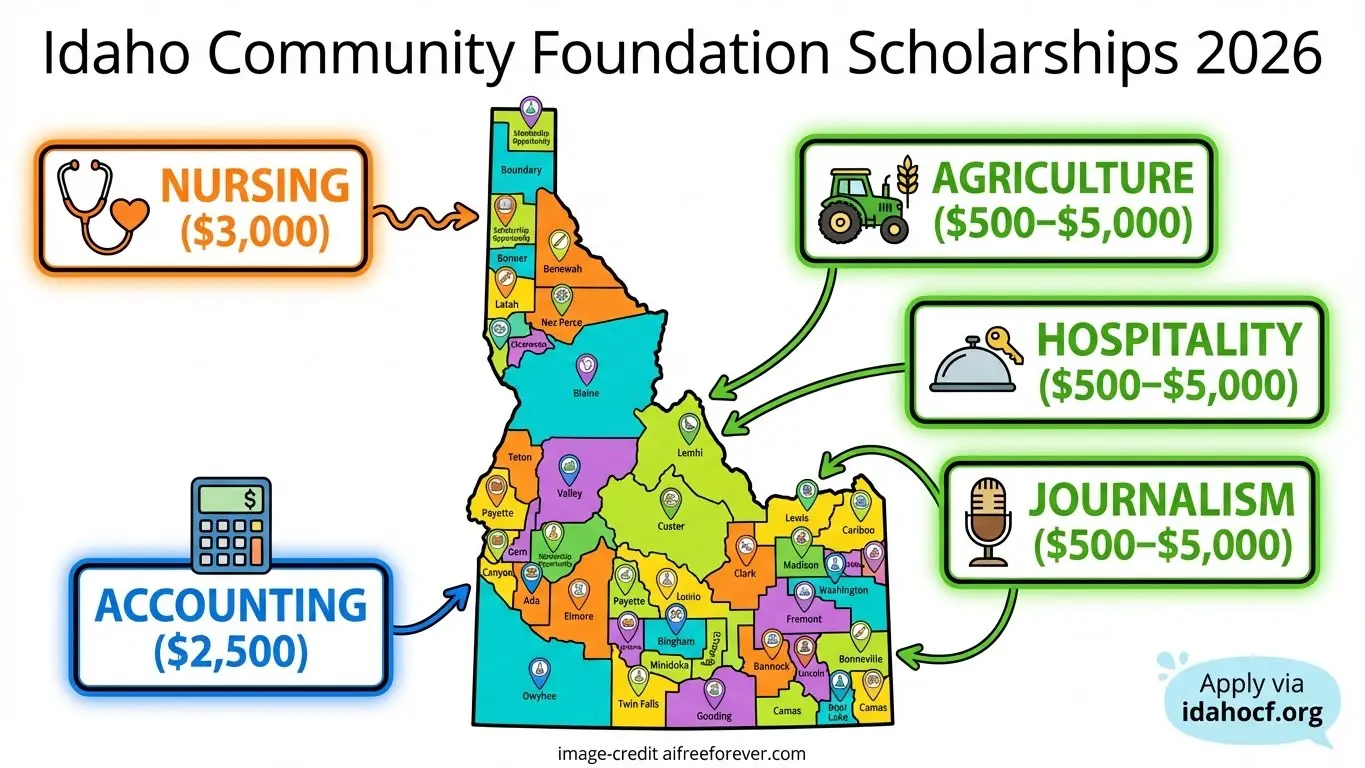 Map of Idaho highlighting idaho scholarship opportunities for Nursing, Accounting, Agriculture, Hospitality, and Journalism with award amounts for each field and a link to apply at idahocf.org. Uploaded on aifreeforever.com