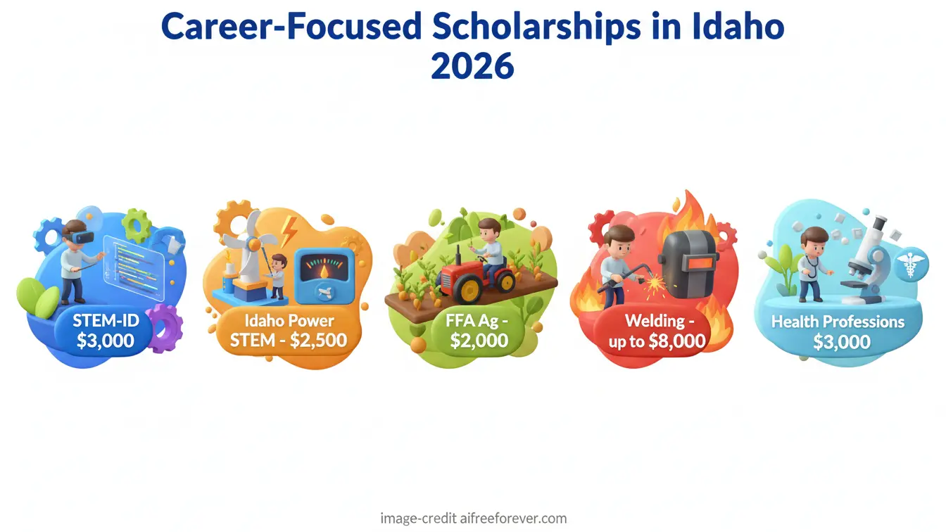 Infographic highlighting 2026 Idaho scholarship amounts for career-focused programs: STEM-ID ($3,000), Idaho Power STEM ($2,500), FFA Ag ($2,000), Welding (up to $8,000), and Health Professions ($3,000). Uploaded on aifreeforever.com