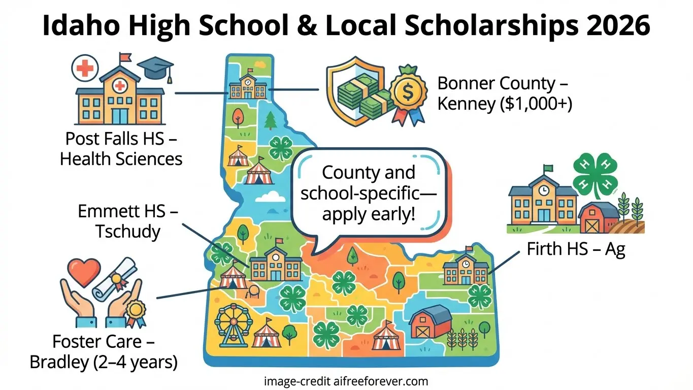 Map of Idaho highlighting counties with 2026 local idaho scholarship opportunities: Post Falls (Health Sciences), Emmett (Tschudy), Foster Care (Bradley), Bonner County (Kenney), and Firth (Ag). Uploaded on aifreeforever.com