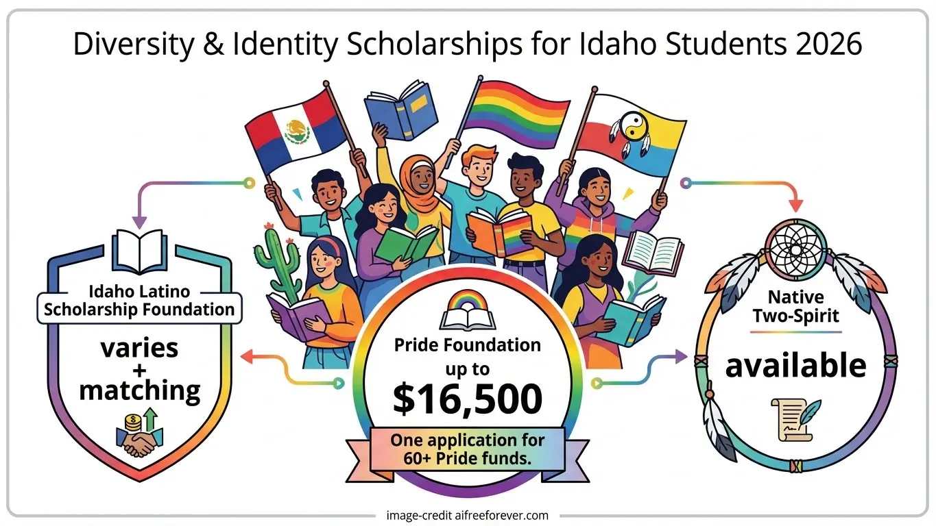 Illustration of diverse students holding books and flags, promoting Idaho scholarship opportunities for Latino, LGBTQ+, and Native Two-Spirit students, with funding details and application info. Uploaded on aifreeforever.com